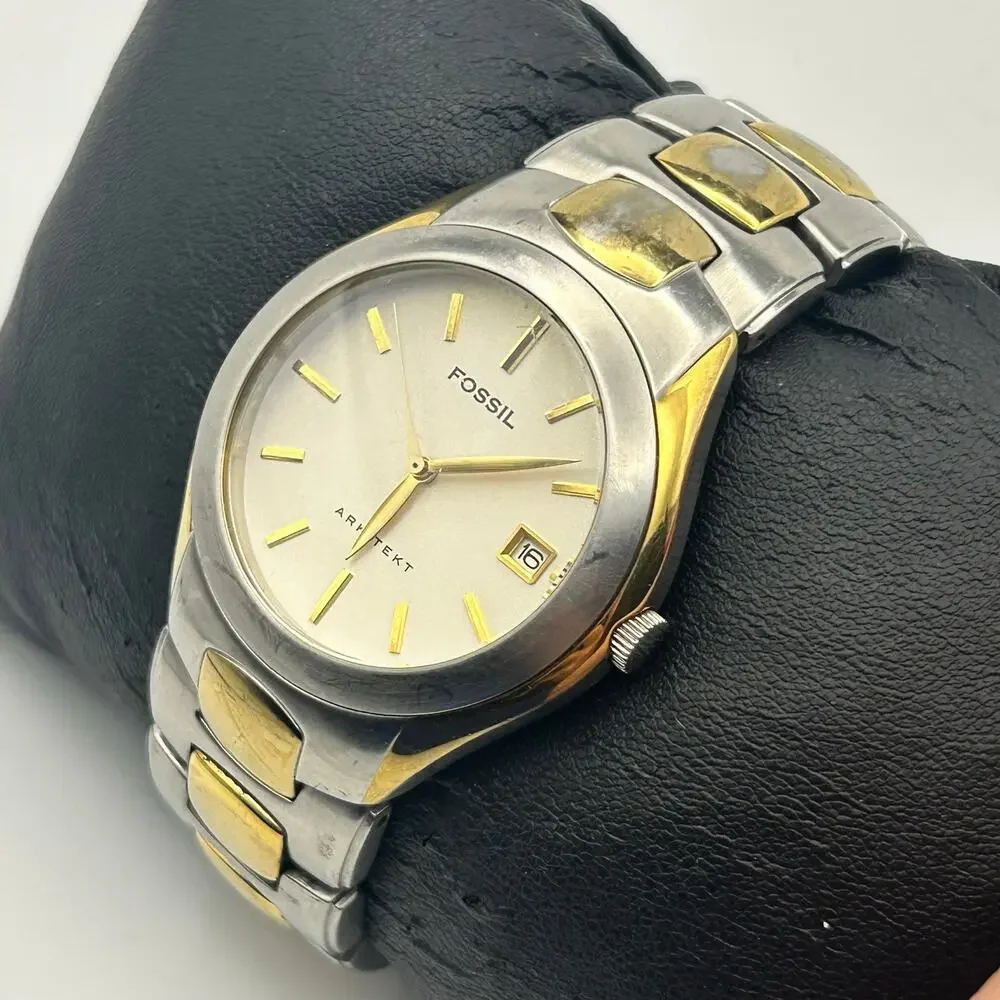 Fossil Arkitekt FS-2907 Silver Gold St. Steel Men’s Watch Working New Battery